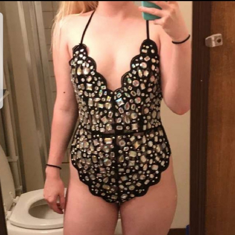 Made to Order Pink Rhinestone Rave Bodysuit - Picture 4 of 5